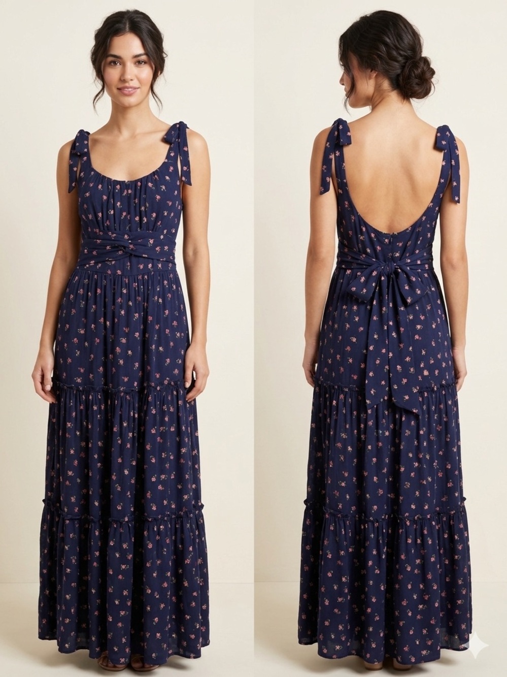 Altar'd State Navy Maxi Dress with Pink Floral Accents